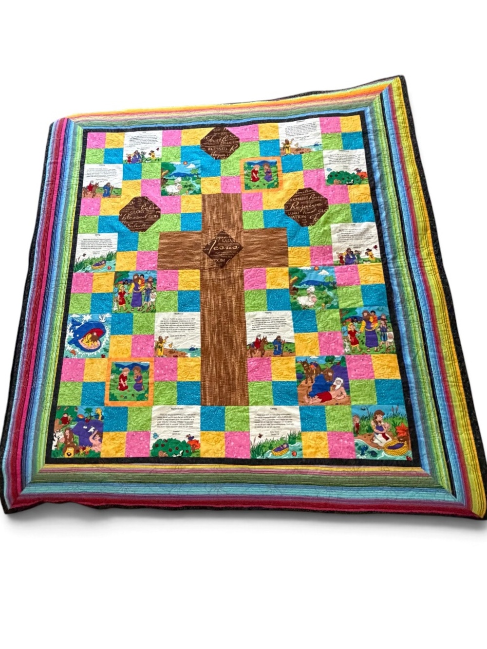 Handmade Kids Christian Bible Story Patchwork Quilt Cross Scripture Floral 73x81